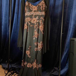 Terani Couture, long dark brown dress, brown & orange beading, size 6